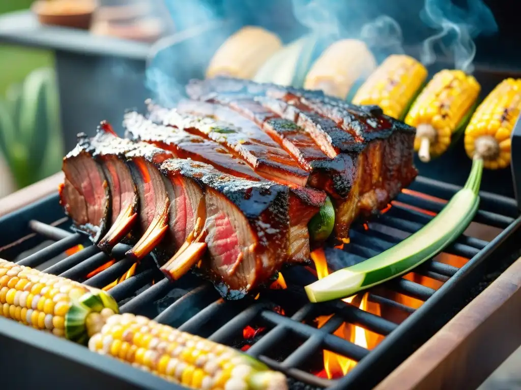 Delicioso asado de costilla con glaseado tentador y vegetales a la parrilla, lista para disfrutar al aire libre