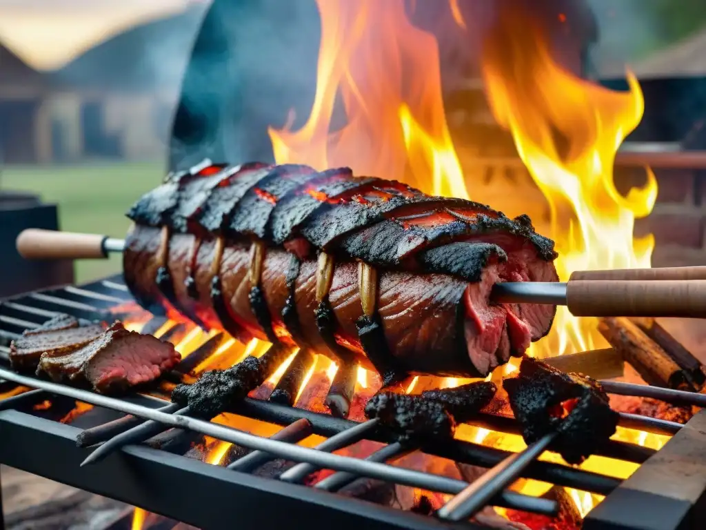 Delicioso Asado con Cuero Uruguayo cocinado lentamente sobre las llamas abiertas