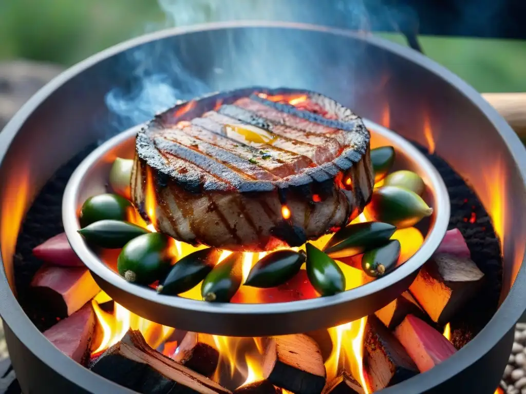 Delicioso asado al disco con carne y vegetales cocinándose sobre fuego, en una escena cálida y tentadora