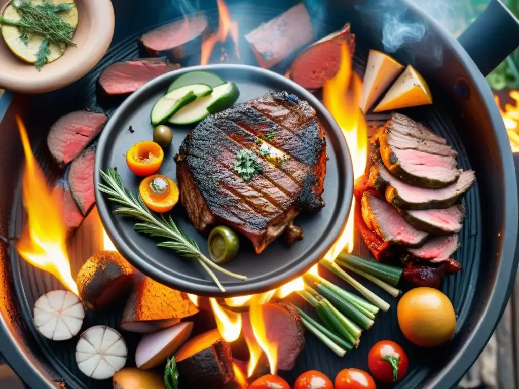 Delicioso asado al disco con cortes de carne y vegetales frescos en un fuego crepitante