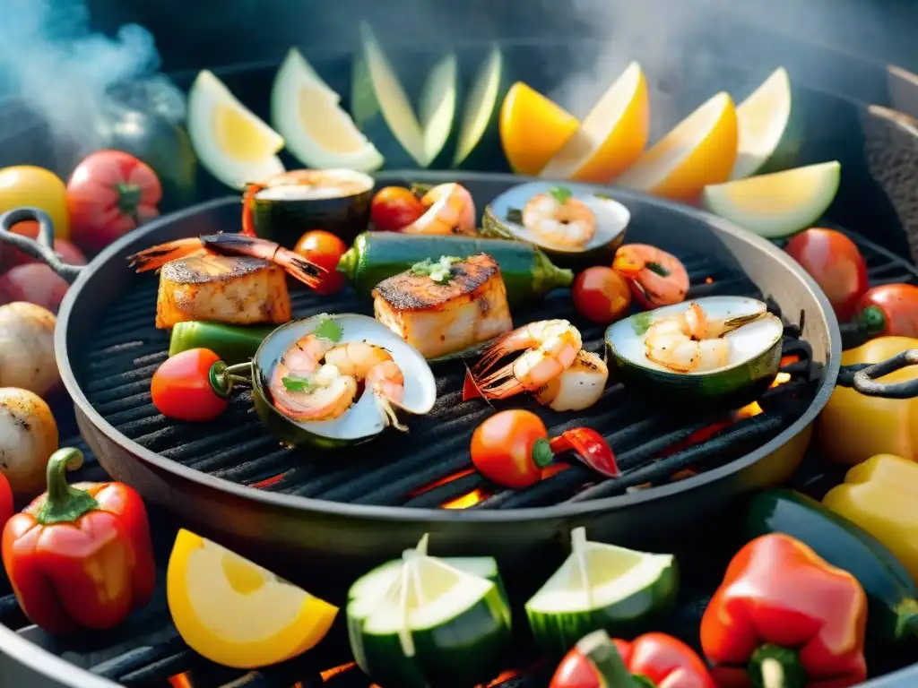 Delicioso asado de frutos del mar en la parrilla junto a vegetales coloridos