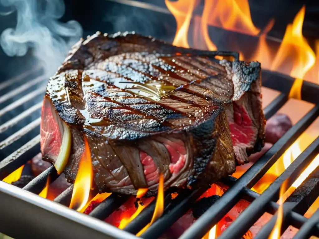 Delicioso asado gourmet: jugoso ribeye Wagyu en parrilla con vegetales coloridos