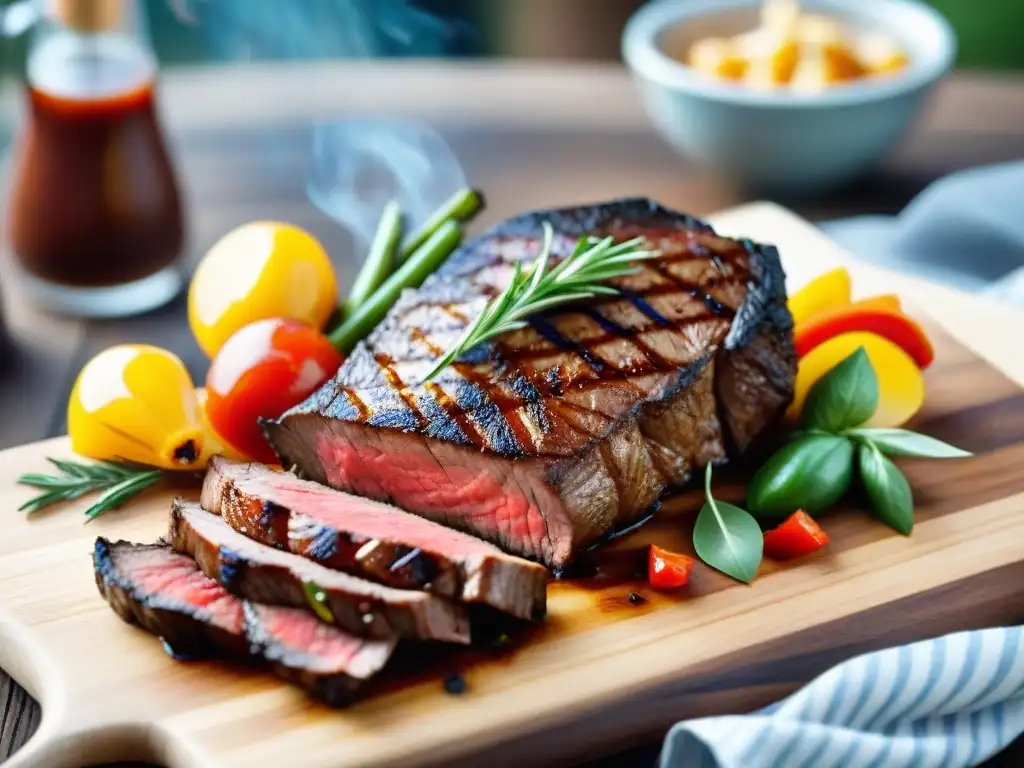 Delicioso asado gourmet con presentación elegante y colorida en tabla de madera, ideal para Consejos presentación asado gourmet