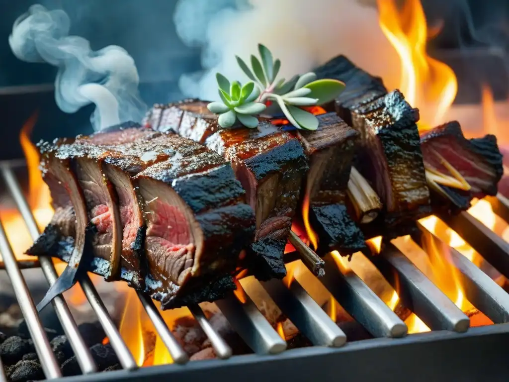 Delicioso asado con hojas de vid chispeando en la parrilla, creando contraste de sabores y colores