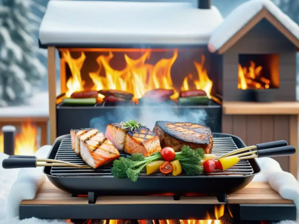 Delicioso asado invernal: vegetales, pollo y salmón a la parrilla en la nieve