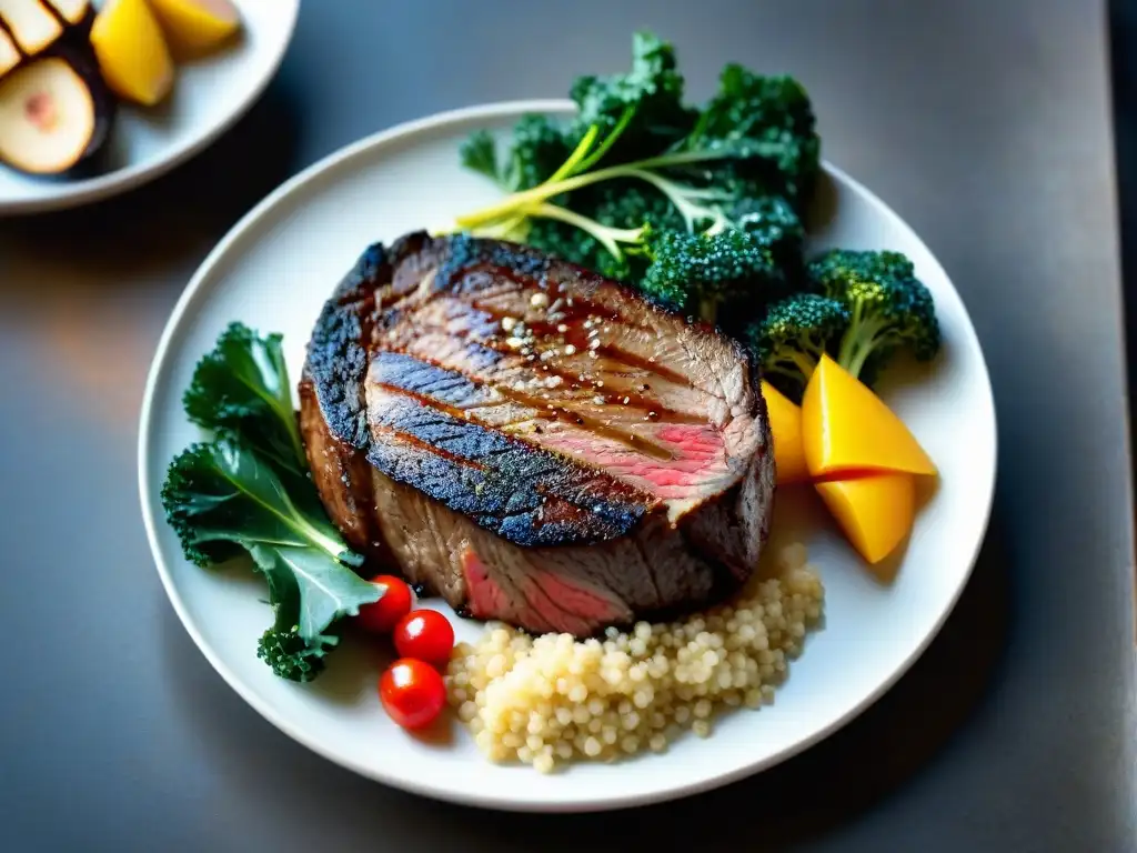 Delicioso asado con jugoso filete, quinua y ensalada de kale