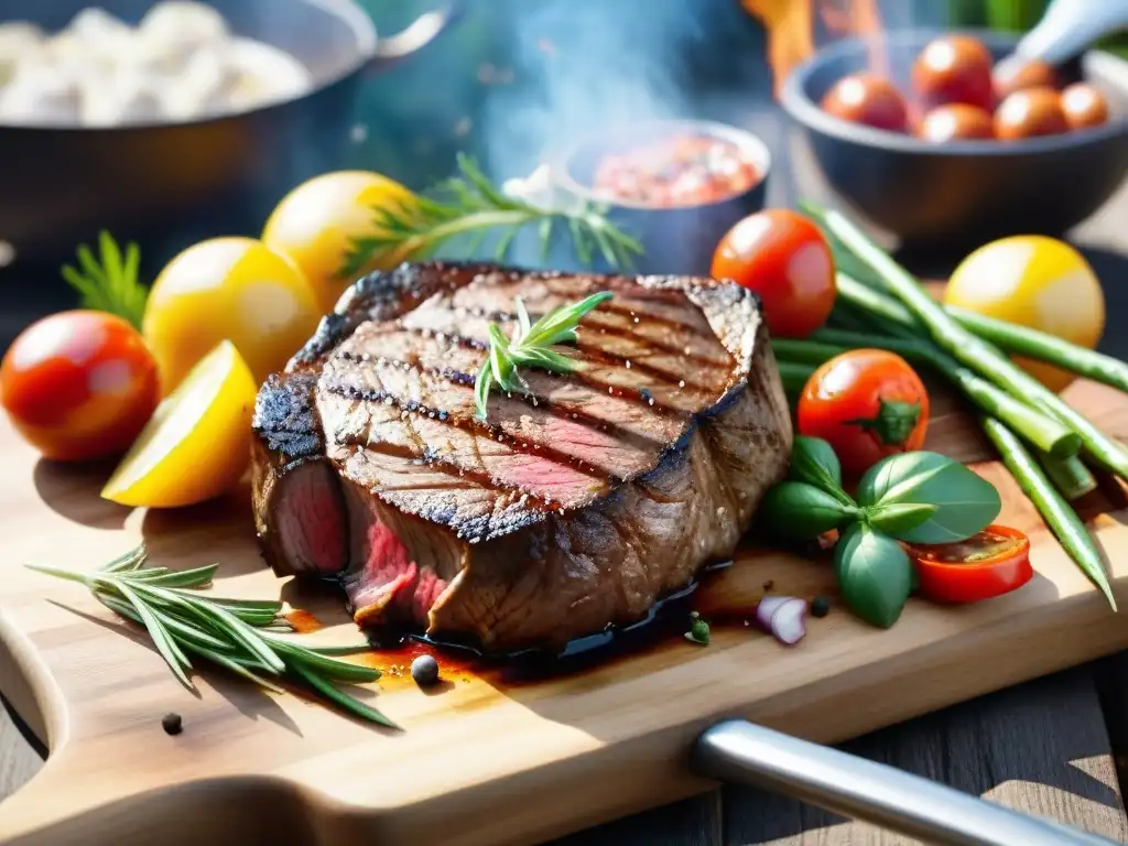 Delicioso asado con jugoso filete a la parrilla y verduras coloridas