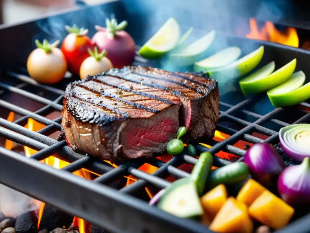 Delicioso asado jugoso con las mejores técnicas, rodeado de vegetales coloridos en la parrilla