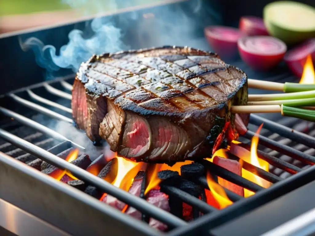 Delicioso asado jugoso en la parrilla con las mejores técnicas, bajo el cálido sol