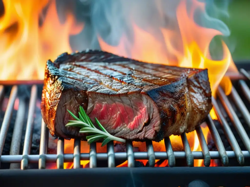 Delicioso asado con marcas de parrilla perfectas y aroma tentador, en un evento al aire libre al atardecer