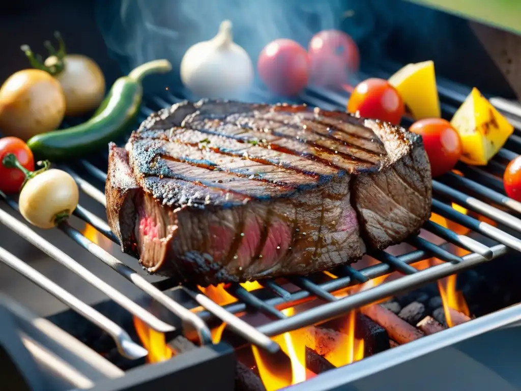 Delicioso asado en las mejores parrillas antiadherentes, con suculentas verduras caramelizadas al lado, en un entorno de barbacoa al aire libre