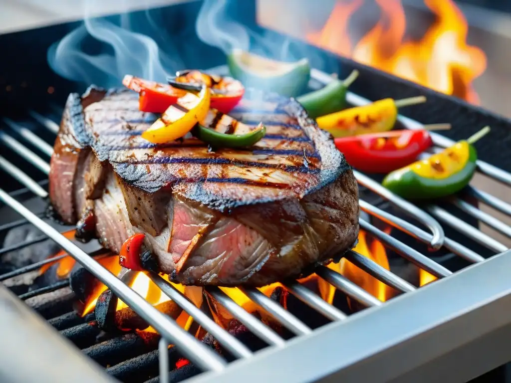 Delicioso asado en parrilla con amigos y mariscos, rodeado de vegetales