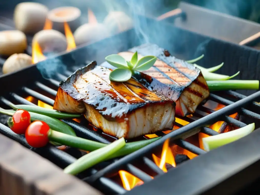 Delicioso Asado de Anguila con Teriyaki en parrilla, con hierbas frescas y verduras coloridas