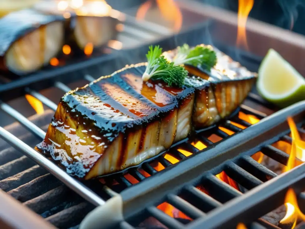 Delicioso asado de anguila con teriyaki en la parrilla, rodeado de vegetales caramelizados y hierbas aromáticas