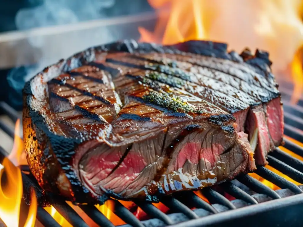 Delicioso asado a la parrilla: suculenta carne jugosa con marcas de parrilla, humeante y dorada bajo el sol