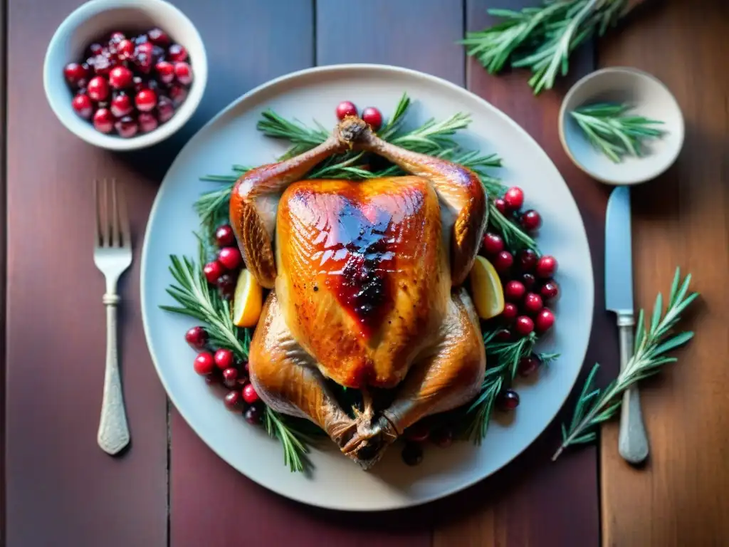 Delicioso asado de pavo glaseado con arándanos, en una presentación vibrante y apetitosa en una mesa de madera rústica