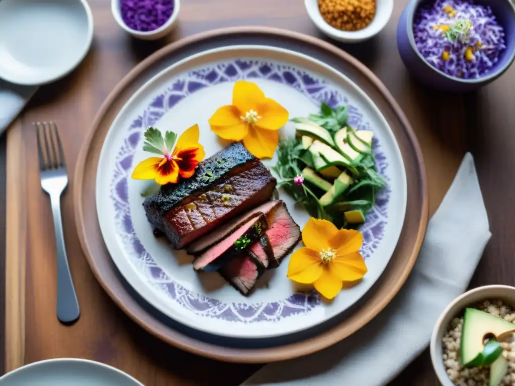 Un delicioso asado peruano en un plato elegante con vibrantes acompañamientos