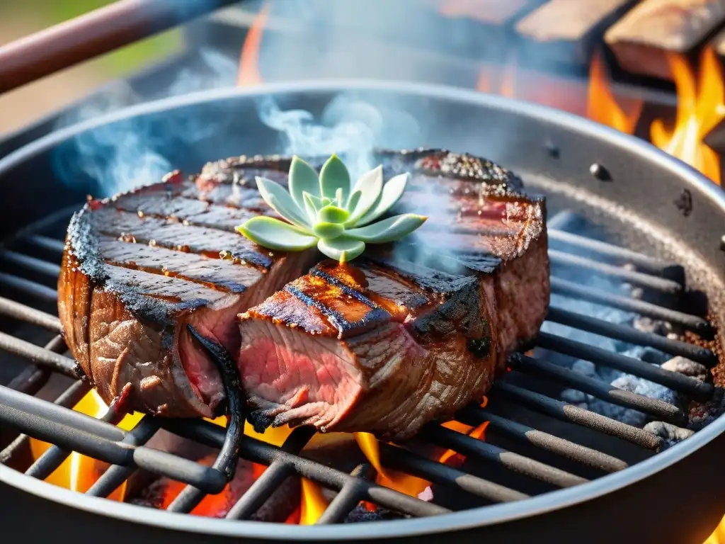 Delicioso asado al punto en parrilla caliente con amigos y familia