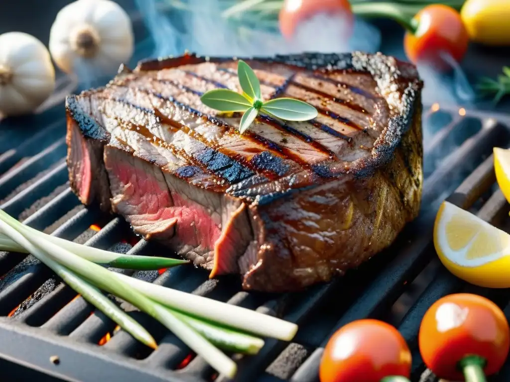 Delicioso asado al punto rodeado de vegetales y hierbas, evitando errores comunes asado