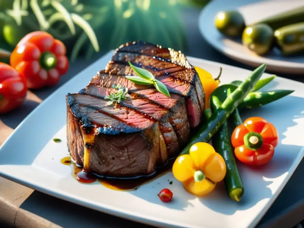 Delicioso asado saludable con jugosas verduras a la parrilla, bañado en hierbas frescas y aceite de oliva dorado