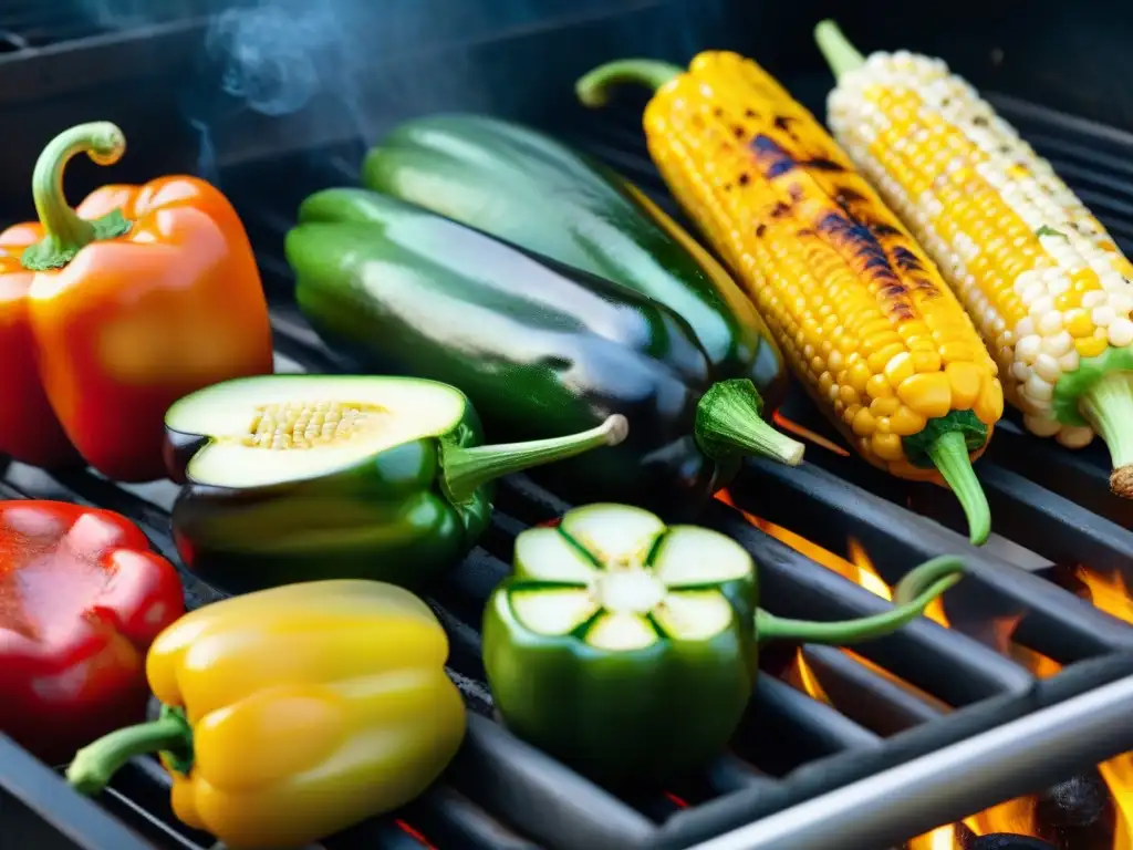 Delicioso asado saludable en la parrilla con variedad de verduras vibrantes, evocando reuniones de verano y cocina al aire libre