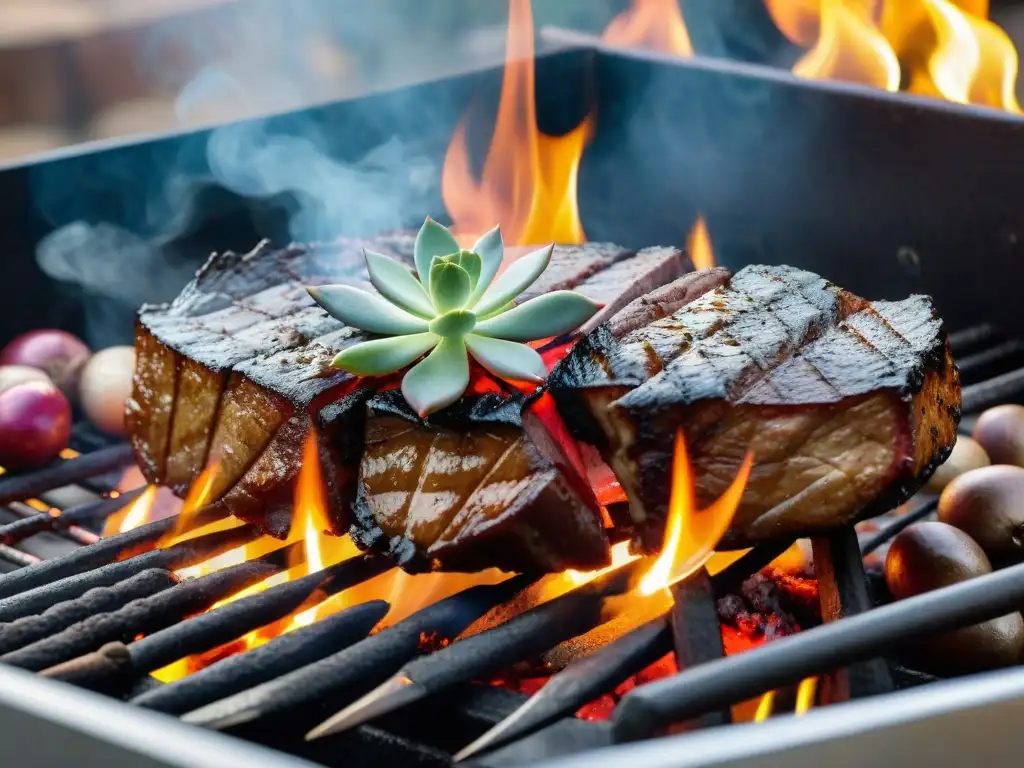 Delicioso asado a temperatura perfecta en parrilla uruguaya, con carne jugosa y tierna