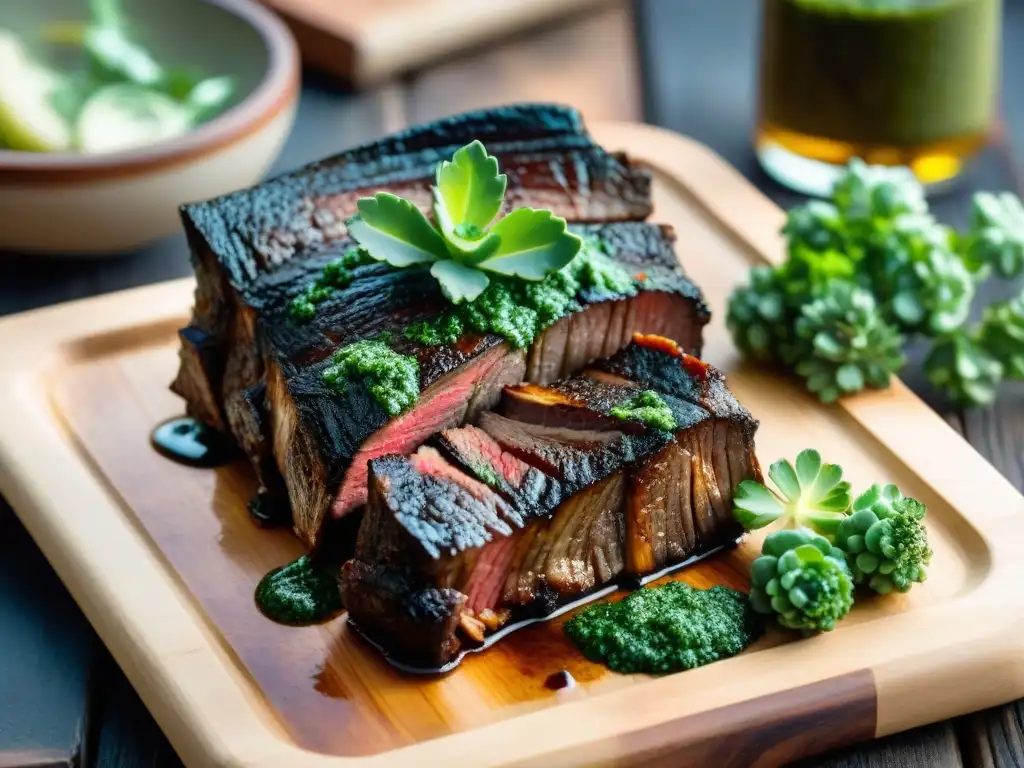 Delicioso asado de tira con chimichurri, listo para saborear en una parrillada en el jardín