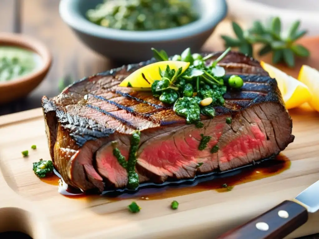 Delicioso asado de tira con chimichurri bajo la cálida luz de un atardecer de verano