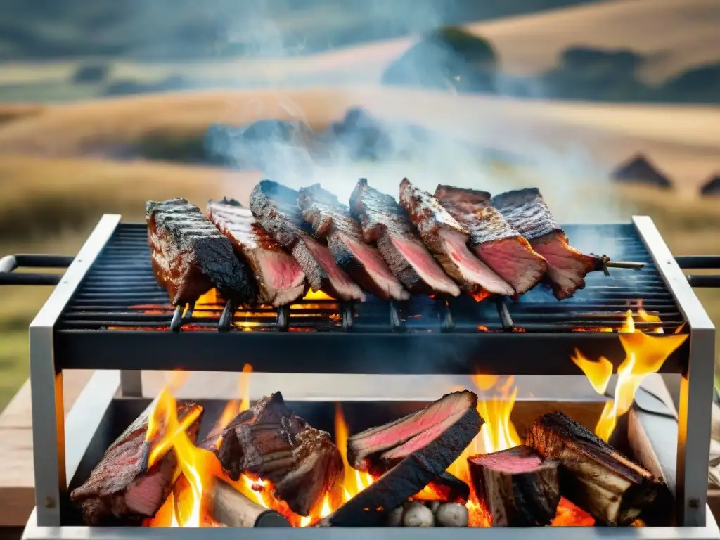 Delicioso asado de tira uruguayo en la parrilla, rodeado de campo y colinas