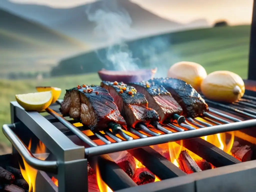 Delicioso asado de tira uruguayo cocinándose a la parrilla en el campo