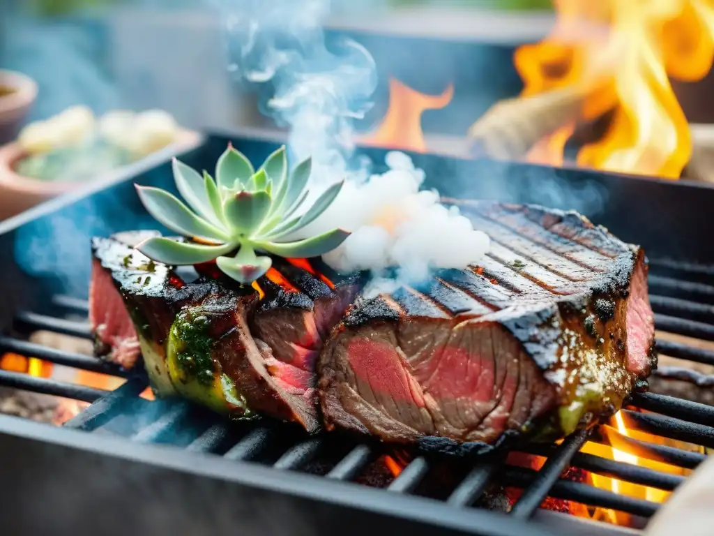 Delicioso asado uruguayo acompañado de vegetales y agua mineral para maridaje