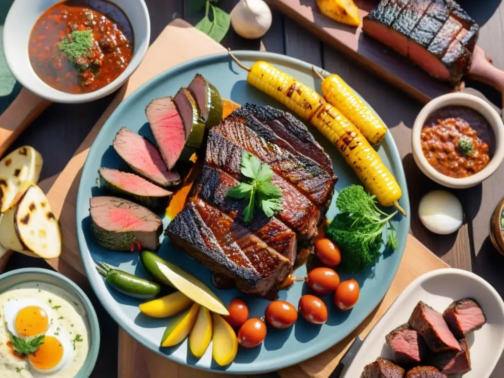 Sabrosa parrillada uruguaya al aire libre Delicioso asado uruguayo al aire libre con variedad de carnes y vinos premium
