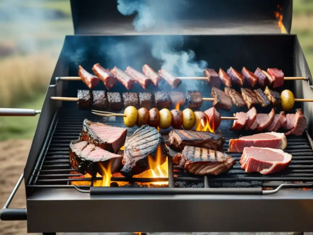 Delicioso asado uruguayo al aire libre con carnes premium cocinándose en la parrilla, expertos aplicando técnicas de asado uruguayas