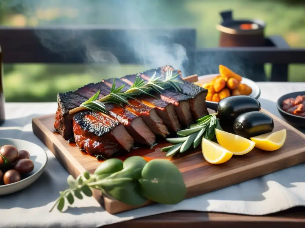 Delicioso asado uruguayo al aire libre con churrasco, morcilla y chorizo, acompañado de chimichurri y vino uruguayo