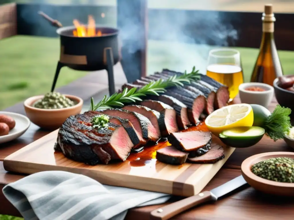 Delicioso asado uruguayo al aire libre con chorizo, morcilla y vacío, en el campo