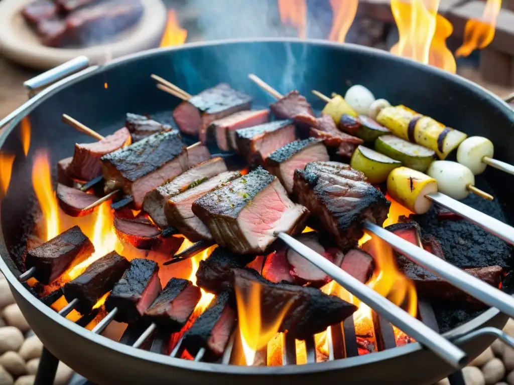 Delicioso asado uruguayo al aire libre con carne al fuego, mostrando el efecto del tiempo en carne