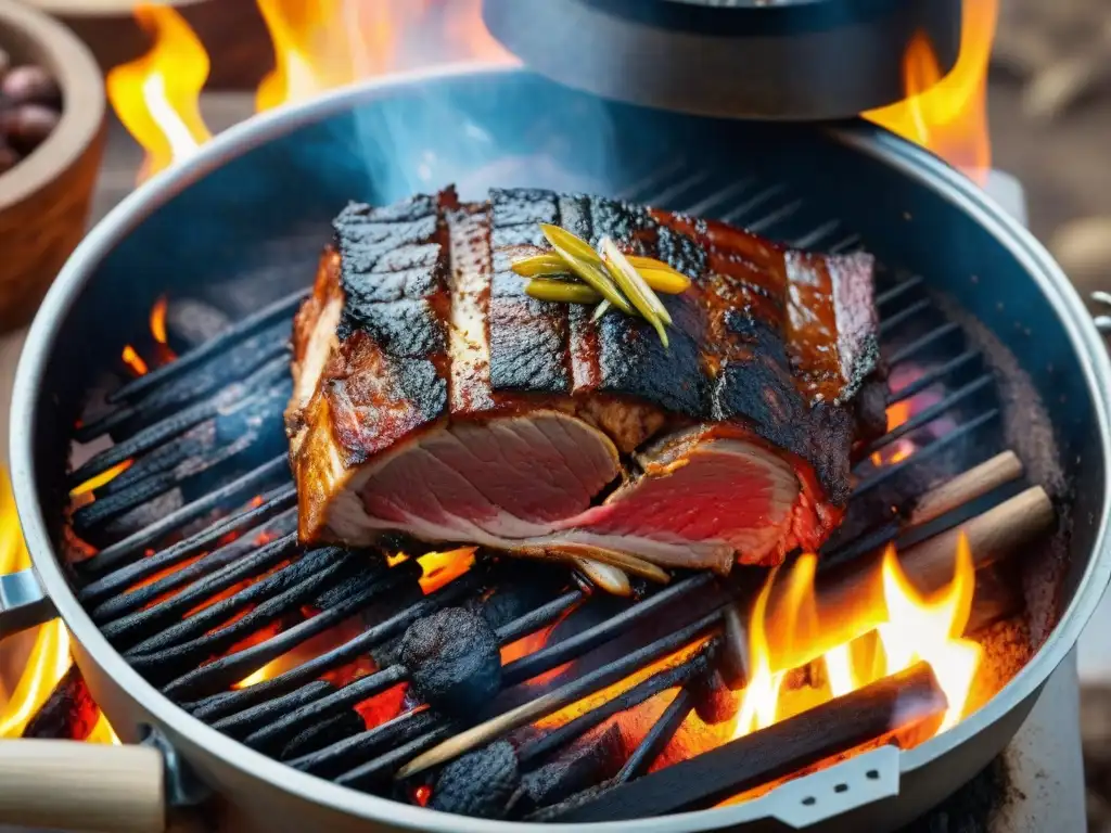 Delicioso asado uruguayo a baja temperatura en un entorno campestre y tradicional, evocando calidez y sabor auténtico