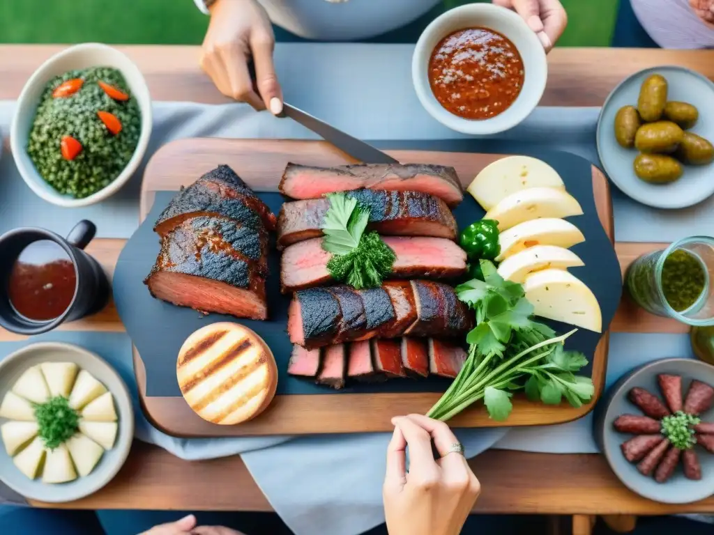 Delicioso asado uruguayo con bebidas para maridar, en jardín con amigos y familia alrededor