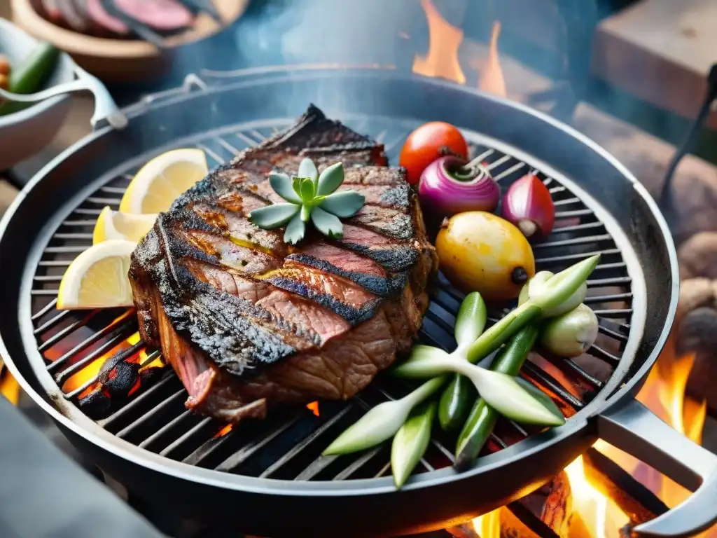 Delicioso asado uruguayo: carne jugosa con punto de cocción perfecto y vegetales a la parrilla