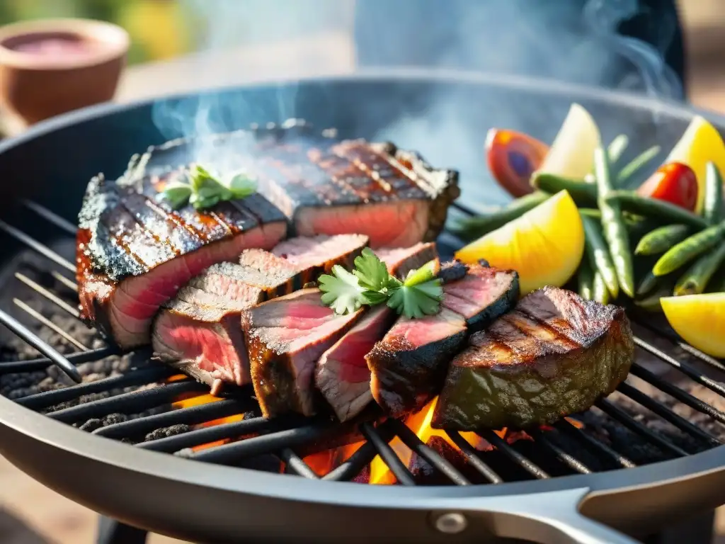 Delicioso asado uruguayo con carne premium y chimichurri, rodeado de vegetales a la parrilla