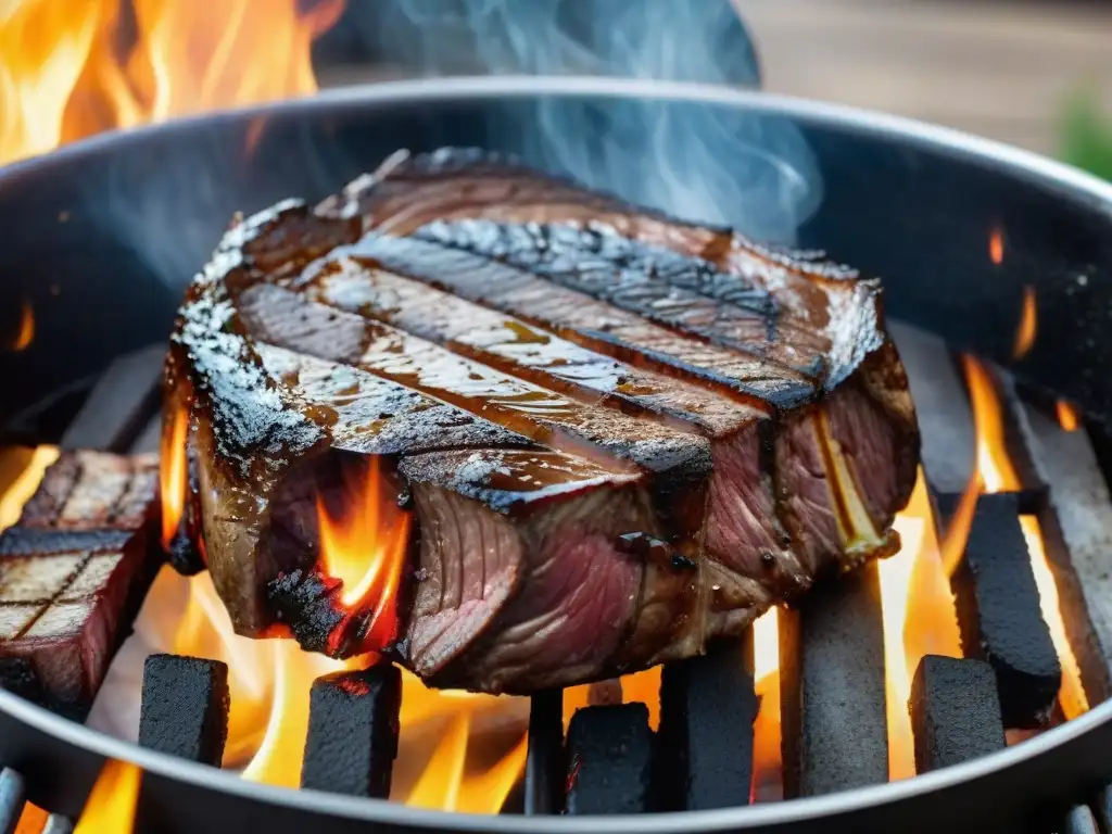 Delicioso asado uruguayo: carne a la parrilla con jugosos jugos y crujientes marcas de grill