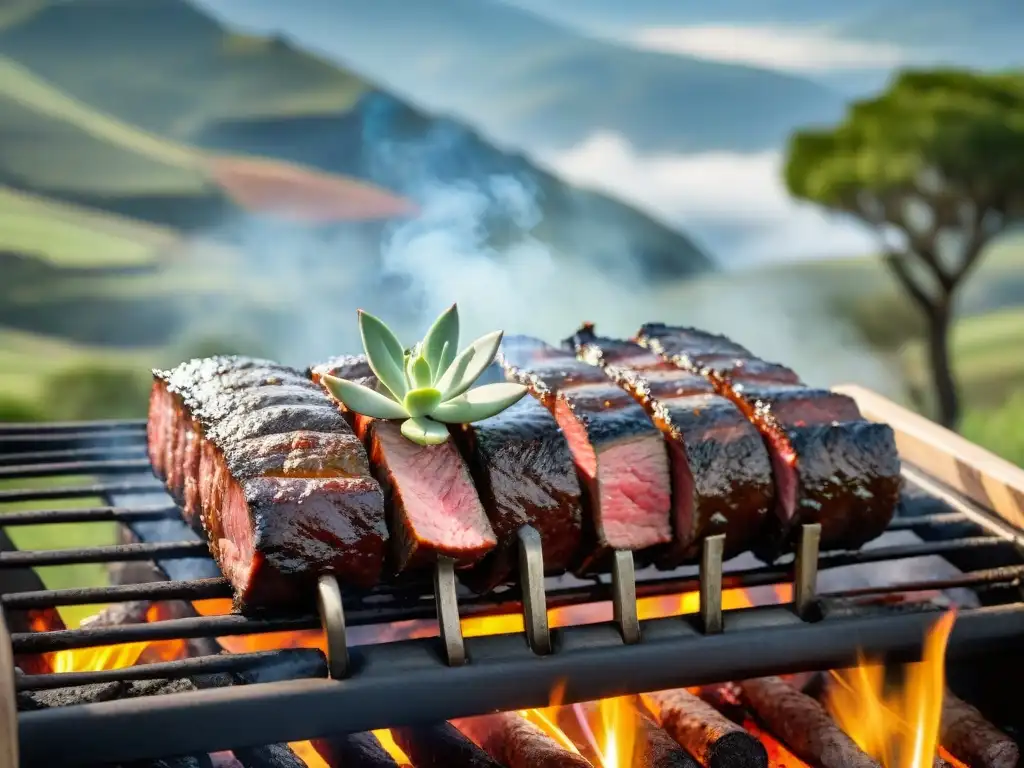 Delicioso asado uruguayo certificado a nivel experto en la parrilla bajo el cielo abierto