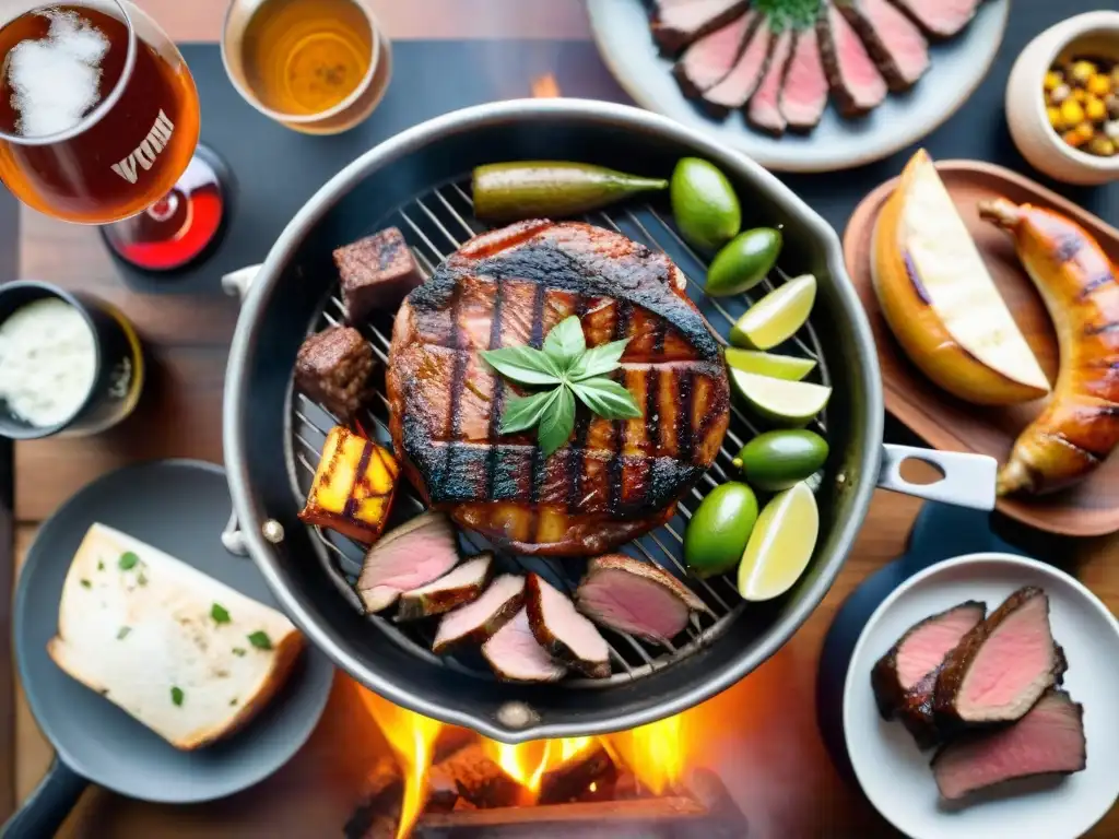 Delicioso asado uruguayo con cervezas artesanales para asado en un entorno rústico y acogedor