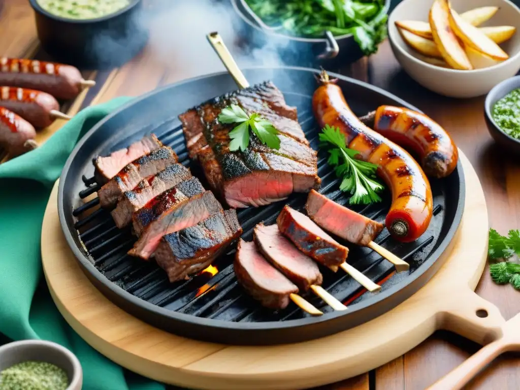 Delicioso asado uruguayo con chimichurri casero y carnes jugosas en parrilla de hierro