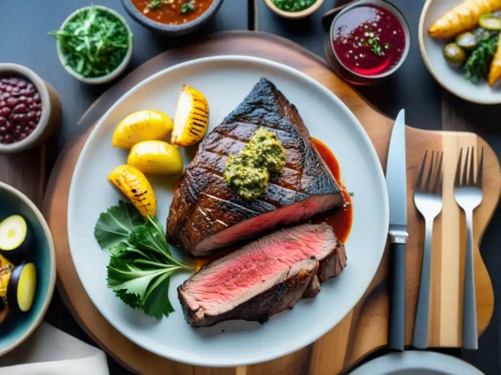Delicioso asado uruguayo con chimichurri y vino Tannat en mesa rústica