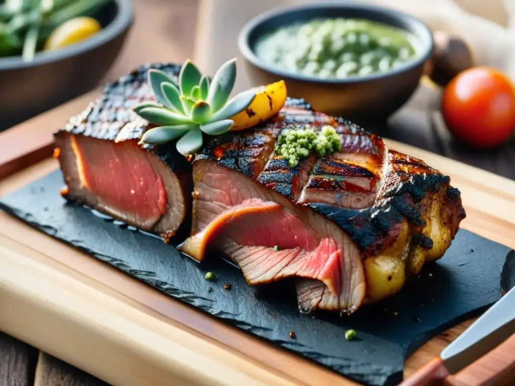 Delicioso asado uruguayo con chimichurri y vegetales a la parrilla