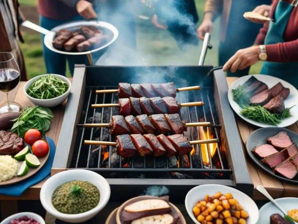 Un delicioso asado uruguayo con chorizo, morcilla y asado de tira, en un escenario campestre con gauchos y chimichurri