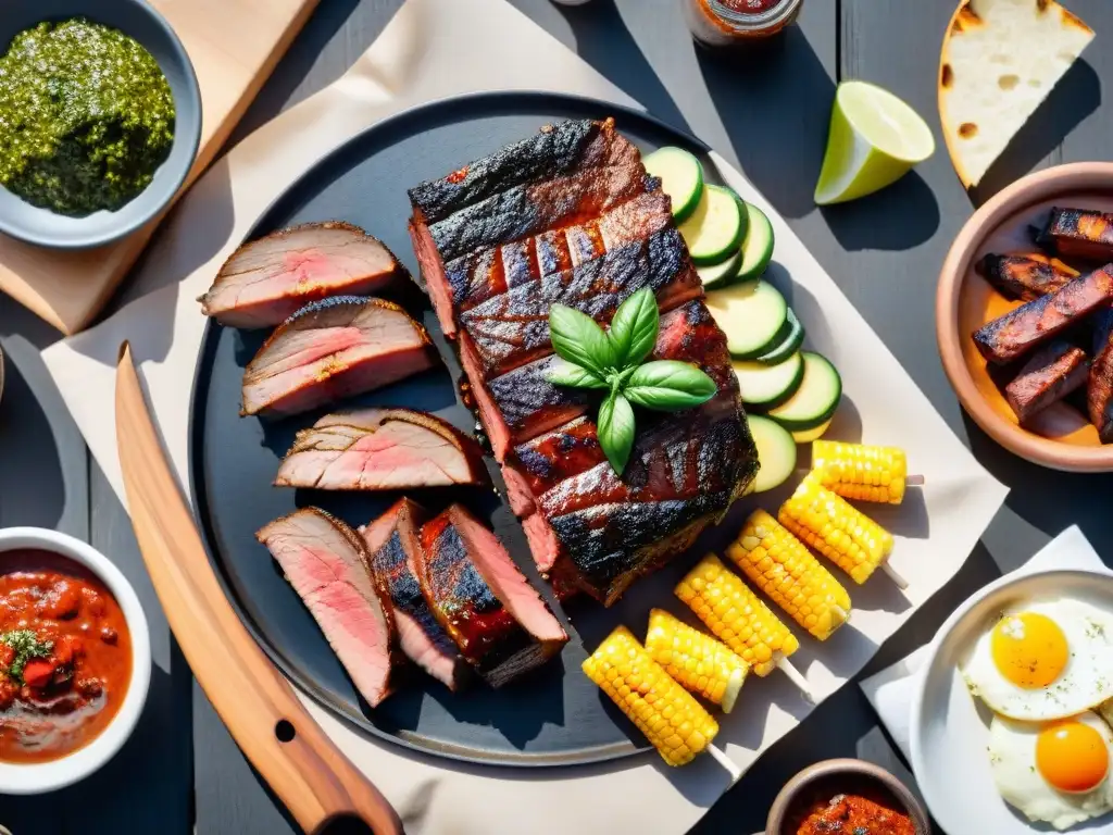 Delicioso asado uruguayo con chorizo, morcilla y vacío en parrilla al aire libre