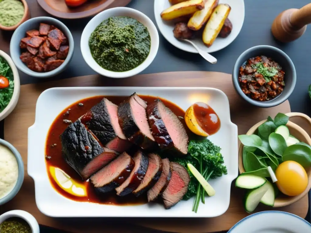 Delicioso asado uruguayo con chorizo, morcilla y vacío en una mesa rústica, bañado por el cálido sol