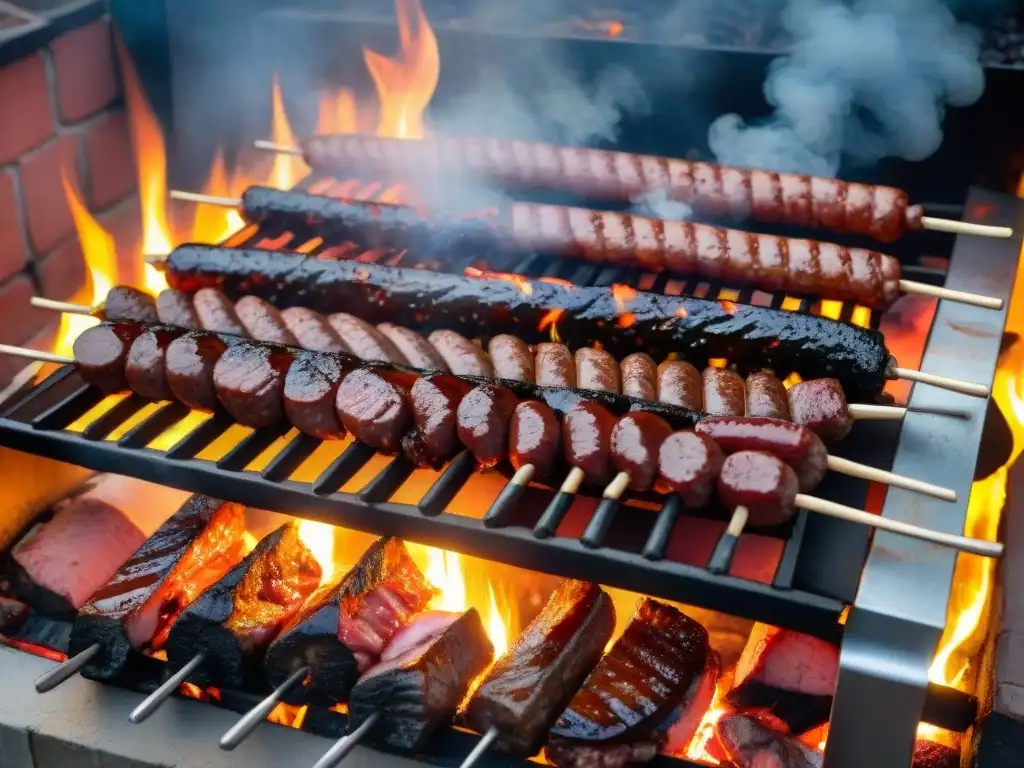 Delicioso asado uruguayo con chorizos, morcillas y cortes de carne en una parrilla, técnicas de asado uruguayo